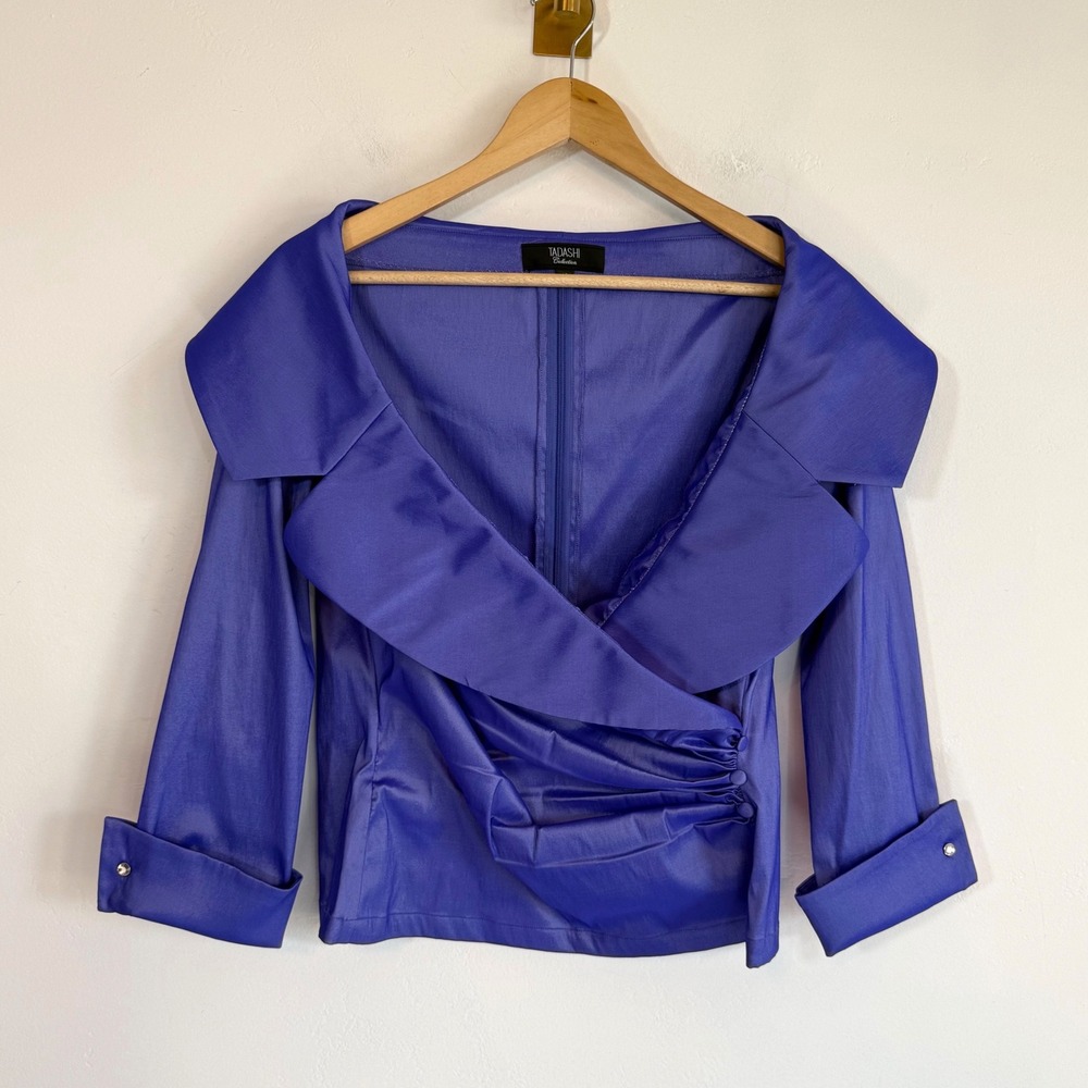 Tadashi Collection Blouse Purple Off-Shoulder Ruched Portrait Collar Glam 12